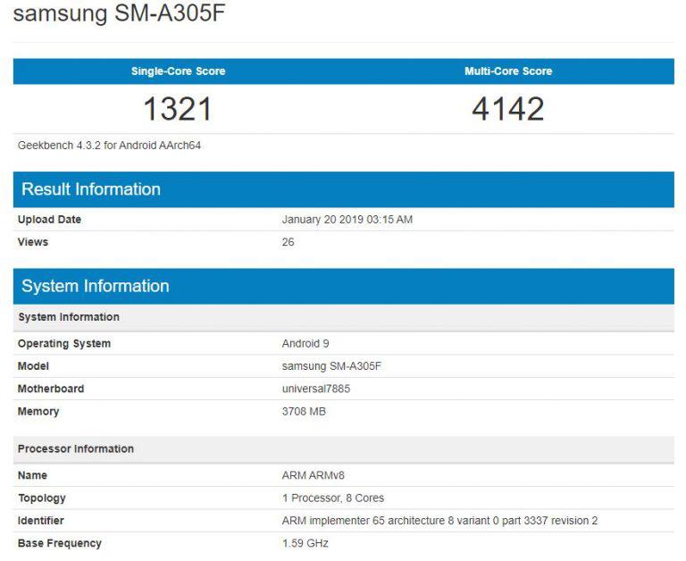 Samsung Galaxy A30 's Geekbench score has emerged